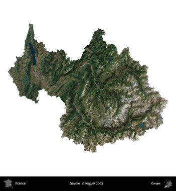 Savoie. Fransa 'nın idari bölgesi, Ağustos 2023' te çekilen Kopernik Nöbetçi karolarından oluşan bir uydu görüntüsüyle beyaza izole edildi.