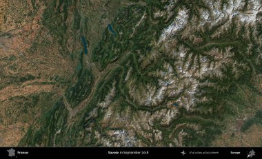 Savoie. Copernicus Sentinel 'in Eylül 2018' de çekilmiş uydu görüntüsü üzerine Fransa 'nın idari bölgesi.