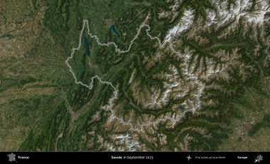 Savoie. Eylül 2023 'te çekilen Copernicus Sentinel karolarından oluşan bir uydu görüntüsünde Fransa' nın idari bölgesinin ana hatlarını çizdim.