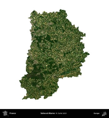 Seine-et-Marne. Fransa 'nın idari bölgesi, Haziran 2021' de çekilen Kopernik Nöbetçi karolarından oluşan bir uydu görüntüsüyle beyaza izole edildi.