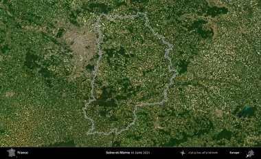Seine-et-Marne. Copernicus Sentinel 'in Haziran 2021' de çekilen uydu görüntüsünde Fransa 'nın idari bölgesinin ana hatları belirlendi.