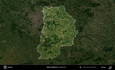 Seine-et-Marne. Fransa 'nın idari alanı, Haziran 2021' de çekilen Kopernik Sentinel karolarından oluşan koyu renkli bir uydu görüntüsü üzerinde vurgulandı ve özetlendi.