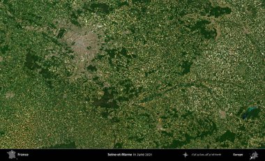 Seine-et-Marne. Copernicus Sentinel 'in Haziran 2021' de çekilmiş uydu görüntüsü üzerine Fransa 'nın idari bölgesi.