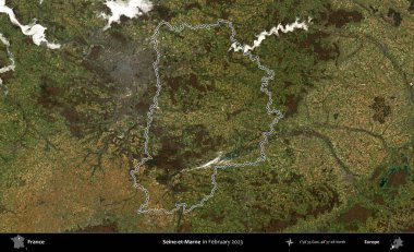 Seine-et-Marne. Copernicus Sentinel 'in Şubat 2023' te çekilen uydu görüntüsünde Fransa 'nın idari bölgesinin ana hatları belirlendi.