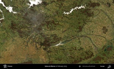 Seine-et-Marne. Copernicus Sentinel 'in Şubat 2023' te çekilmiş uydu görüntüsü üzerine Fransa 'nın idari bölgesi.