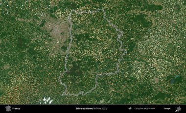 Seine-et-Marne. Mayıs 2023 'te çekilen Copernicus Sentinel karolarından oluşan bir uydu görüntüsünde Fransa' nın idari bölgesinin ana hatları belirlendi.