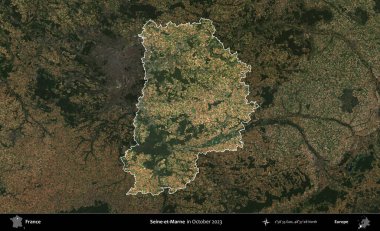 Seine-et-Marne. Fransa 'nın idari alanı, Ekim 2023' te çekilen Kopernik Nöbetçi karolarından oluşan koyu renkli bir uydu görüntüsü üzerinde vurgulandı ve özetlendi.