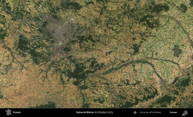 Seine-et-Marne. Copernicus Sentinel 'in Ekim 2023' te çekilmiş uydu görüntüsü üzerine Fransa 'nın idari bölgesi.