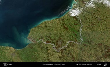 Sen-Denizcilik. Copernicus Sentinel 'in Şubat 2023' te çekilen uydu görüntüsünde Fransa 'nın idari bölgesinin ana hatları belirlendi.