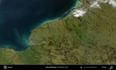 Sen-Denizcilik. Copernicus Sentinel 'in Şubat 2023' te çekilmiş uydu görüntüsü üzerine Fransa 'nın idari bölgesi.