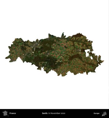 Senlis. Fransa 'nın idari bölgesi, Kasım 2020' de çekilen Kopernik Nöbetçi karolarından oluşan bir uydu görüntüsü üzerinde beyaza izole edildi.