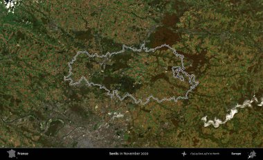 Senlis. Copernicus Sentinel 'in Kasım 2020' de çekilen uydu görüntüsünde Fransa 'nın idari bölgesinin ana hatları belirlendi.
