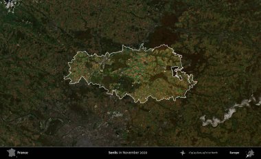 Senlis. Fransa 'nın idari alanı, Kopernik Sentinel' in Kasım 2020 'de çekilmiş koyu renkli bir uydu görüntüsüyle vurgulandı ve özetlendi.