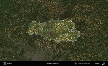 Senlis. Fransa 'nın idari alanı, Nisan 2021' de çekilen Kopernik Sentinel karolarından oluşan koyu renkli bir uydu görüntüsü üzerinde vurgulandı ve özetlendi.