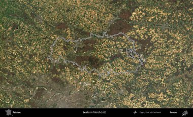Senlis. Mart 2022 'de çekilen Copernicus Sentinel karolarından oluşan bir uydu görüntüsünde Fransa' nın idari bölgesinin ana hatları belirlendi.