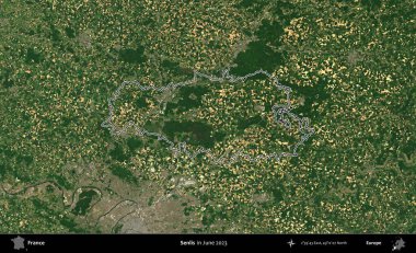 Senlis. Haziran 2023 'te çekilen Copernicus Sentinel karolarından oluşan bir uydu görüntüsünde Fransa' nın idari bölgesinin ana hatları belirlendi.