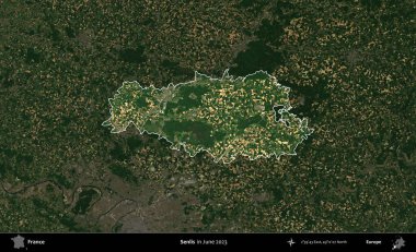 Senlis. Fransa 'nın idari alanı, Haziran 2023' te çekilen Kopernik Nöbetçi karolarından oluşan koyu renkli bir uydu görüntüsüyle vurgulandı ve özetlendi.