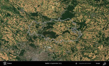 Senlis. Eylül 2023 'te çekilen Copernicus Sentinel karolarından oluşan bir uydu görüntüsünde Fransa' nın idari bölgesinin ana hatlarını çizdim.