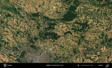 Senlis. Copernicus Sentinel 'in Eylül 2023' te çekilmiş uydu görüntüsü üzerine Fransa 'nın idari bölgesi.