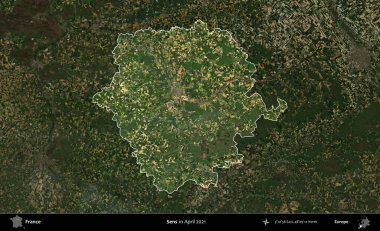 Duyular. Fransa 'nın idari alanı, Nisan 2021' de çekilen Kopernik Sentinel karolarından oluşan koyu renkli bir uydu görüntüsü üzerinde vurgulandı ve özetlendi.