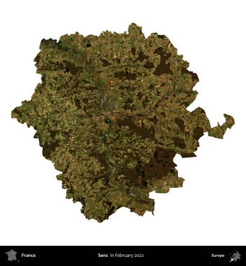 Duyular. Fransa 'nın idari bölgesi, Şubat 2022' de çekilen Kopernik Nöbetçi karolarından oluşan bir uydu görüntüsüyle beyaza izole edildi.