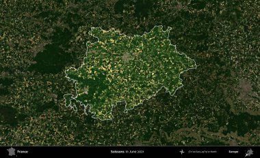 Soissonlar. Fransa 'nın idari alanı, Haziran 2021' de çekilen Kopernik Sentinel karolarından oluşan koyu renkli bir uydu görüntüsü üzerinde vurgulandı ve özetlendi.
