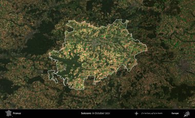 Soissonlar. Fransa 'nın idari alanı, Ekim 2021' de çekilen Kopernik Nöbetçi karolarından oluşan koyu renkli bir uydu görüntüsü üzerinde vurgulandı ve özetlendi.
