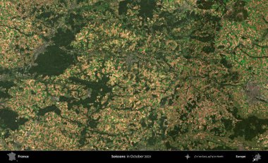 Soissonlar. Copernicus Sentinel 'in Ekim 2021' de çekilmiş uydu görüntüsü üzerine Fransa 'nın idari bölgesi.
