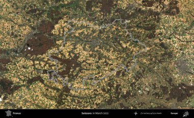 Soissonlar. Mart 2022 'de çekilen Copernicus Sentinel karolarından oluşan bir uydu görüntüsünde Fransa' nın idari bölgesinin ana hatları belirlendi.