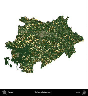 Soissonlar. Fransa 'nın idari bölgesi, Haziran 2023' te çekilen Kopernik Nöbetçi karolarından oluşan bir uydu görüntüsüyle beyaza izole edildi.