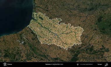 Biraz daha. Fransa 'nın idari alanı, Eylül 2021' de çekilen Kopernik Sentinel karolarından oluşan koyu renkli bir uydu görüntüsü üzerinde vurgulandı ve özetlendi.