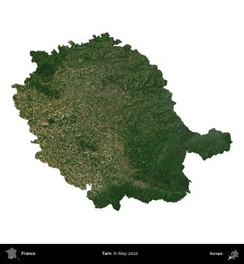 Tarn. Fransa 'nın idari bölgesi, Mayıs 2020' de çekilen Kopernik Nöbetçi karolarından oluşan bir uydu görüntüsüyle beyaza izole edildi.