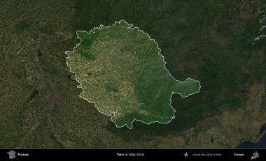 Tarn. Fransa 'nın idari alanı, Mayıs 2020' de çekilen Kopernik Nöbetçi karolarından oluşan koyu renkli bir uydu görüntüsü üzerinde vurgulandı ve özetlendi.