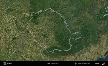 Tarn. Mayıs 2020 'de çekilen Copernicus Sentinel karolarından oluşan bir uydu görüntüsünde Fransa' nın idari bölgesinin ana hatları belirlendi.