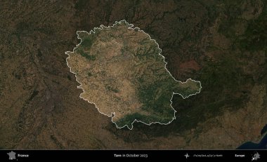 Tarn. Fransa 'nın idari alanı, Ekim 2023' te çekilen Kopernik Nöbetçi karolarından oluşan koyu renkli bir uydu görüntüsü üzerinde vurgulandı ve özetlendi.
