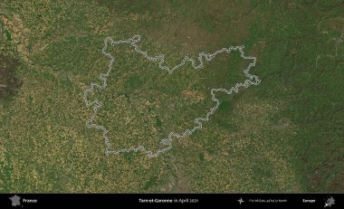 Tarn-et-Garonne. Copernicus Sentinel 'in Nisan 2021' de çekilen uydu görüntüsünde Fransa 'nın idari bölgesinin ana hatları belirlendi.