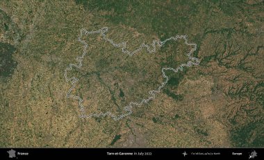 Tarn-et-Garonne. Copernicus Sentinel 'in Temmuz 2022' de çekilen uydu görüntüsünde Fransa 'nın idari bölgesinin ana hatları belirlendi.