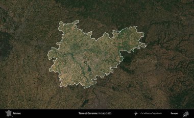 Tarn-et-Garonne. Fransa 'nın idari alanı, Temmuz 2022' de çekilen Kopernik Nöbetçi karolarından oluşan koyu renkli bir uydu görüntüsüyle vurgulandı ve özetlendi.