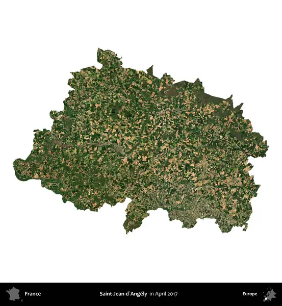 Saint-Jean-d'Angely. Fransa 'nın idari bölgesi, Nisan 2017' de çekilen Kopernik Nöbetçi karolarından oluşan bir uydu görüntüsü ile beyaza izole edildi.