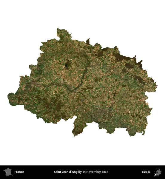 Saint-Jean-d'Angely. Fransa 'nın idari bölgesi, Kasım 2020' de çekilen Kopernik Nöbetçi karolarından oluşan bir uydu görüntüsü üzerinde beyaza izole edildi.