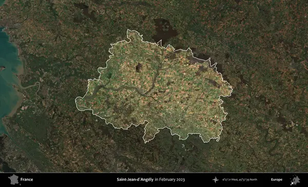 Saint-Jean-d'Angely. Fransa 'nın idari alanı, Şubat 2023' te çekilen Kopernik Nöbetçi karolarından oluşan koyu renkli bir uydu görüntüsü üzerinde vurgulandı ve özetlendi.