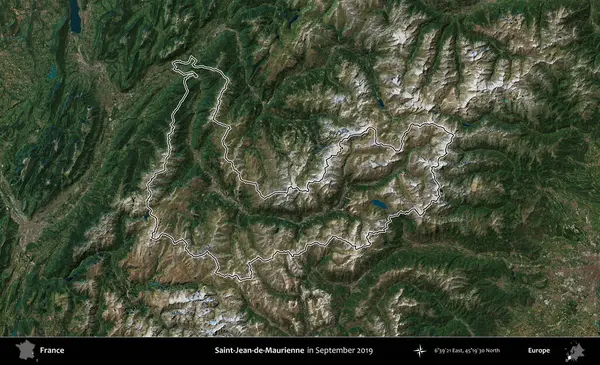 Saint-Jean-de-Maurienne. Eylül 2019 'da çekilen Copernicus Sentinel karolarından oluşan bir uydu görüntüsünde Fransa' nın idari bölgesinin ana hatlarını çizdim.