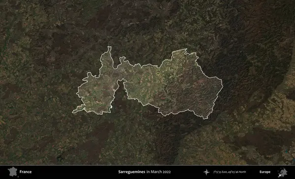 Sarregülinler. Fransa 'nın idari alanı, Mart 2022' de çekilen Kopernik Sentinel karolarından oluşan koyu renkli bir uydu görüntüsü üzerinde vurgulandı ve özetlendi.