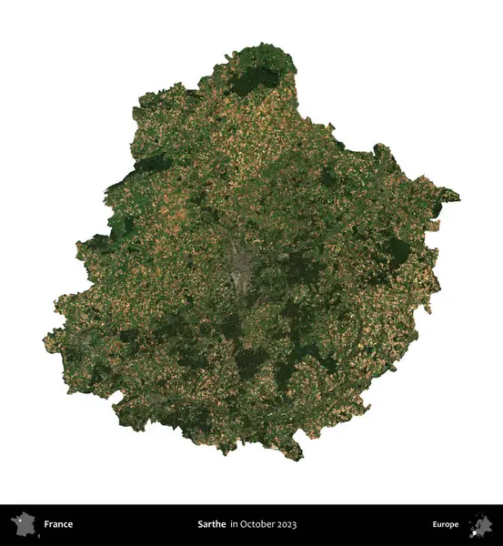 Sarthe. Fransa 'nın idari bölgesi, Ekim 2023' te çekilen Kopernik Nöbetçi karolarından oluşan bir uydu görüntüsüyle beyaza izole edildi.