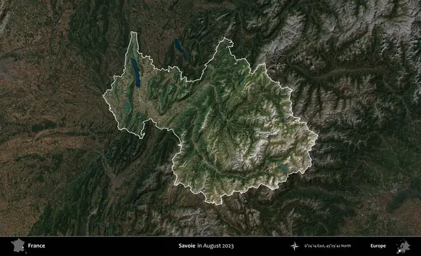 Savoie. Fransa 'nın idari alanı, Ağustos 2023' te çekilen Kopernik Nöbetçi karolarından oluşan koyu renkli bir uydu görüntüsüyle vurgulandı ve özetlendi.