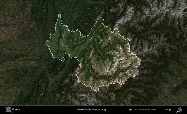 Savoie. Fransa 'nın idari alanı, Eylül 2023' te çekilen Kopernik Nöbetçi karolarından oluşan koyu renkli bir uydu görüntüsü üzerinde vurgulandı ve özetlendi.