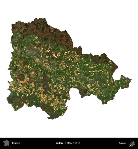 Sedan. Fransa 'nın idari bölgesi, Mart 2020' de çekilen Kopernik Nöbetçi karolarından oluşan bir uydu görüntüsüyle beyaza izole edildi.