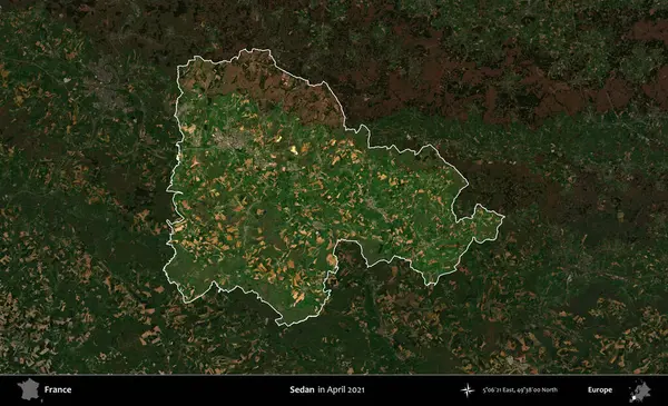 Sedan. Fransa 'nın idari alanı, Nisan 2021' de çekilen Kopernik Sentinel karolarından oluşan koyu renkli bir uydu görüntüsü üzerinde vurgulandı ve özetlendi.