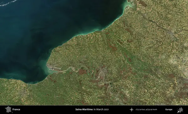 Sen-Denizcilik. Copernicus Sentinel 'in Mart 2021' de çekilmiş uydu görüntüsü üzerine Fransa 'nın idari bölgesi.