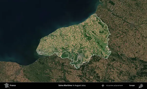 Sen-Denizcilik. Fransa 'nın idari alanı, Ağustos 2024' te çekilen Kopernik Sentinel karolarından oluşan koyu renkli bir uydu görüntüsü üzerinde vurgulandı ve özetlendi.